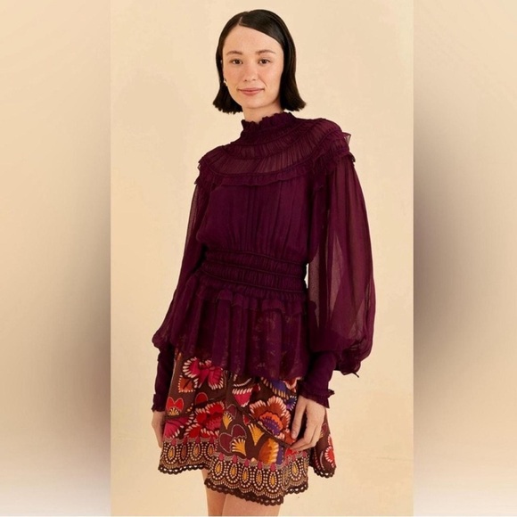 FARM Rio Ruffled Sheer High-Neck Blouse - Deep Plum - Picture 2 of 7